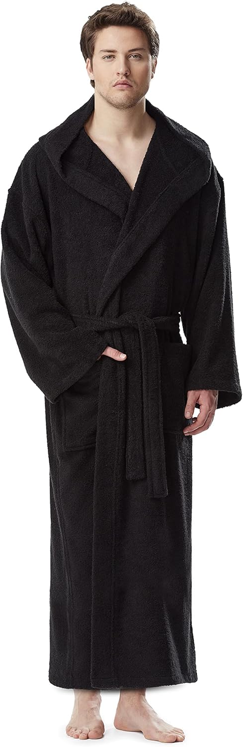 Arus Klassischer Herren-Bademantel mit Kapuze, türkischer Baumwollmantel mit voller Länge L-XL Schwa