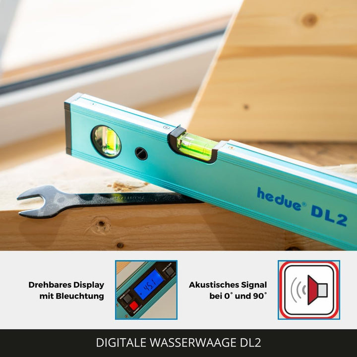 hedue® Digitale Wasserwaage DL2 - Wasserwaage 60 cm mit beleuchtetem LCD-Display, Neigungsmesser in