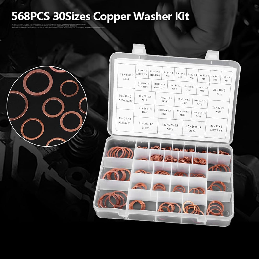 Kupfer Unterlegscheiben-Set, 568Stk. 30 Grössen O-Ring Kupferdichtungen Flachring-Set-Kit mit Kunsts