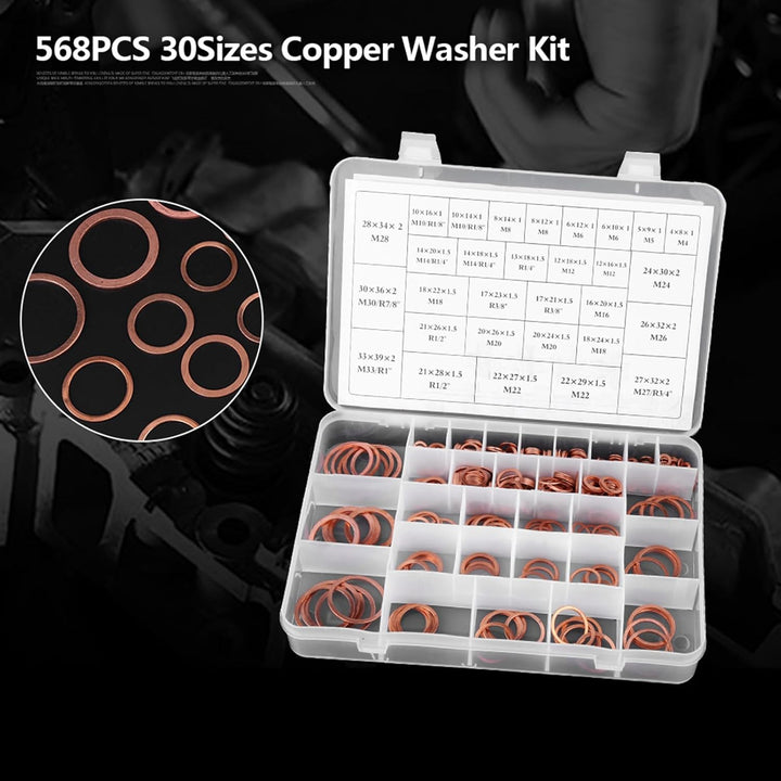 Kupfer Unterlegscheiben-Set, 568Stk. 30 Grössen O-Ring Kupferdichtungen Flachring-Set-Kit mit Kunsts