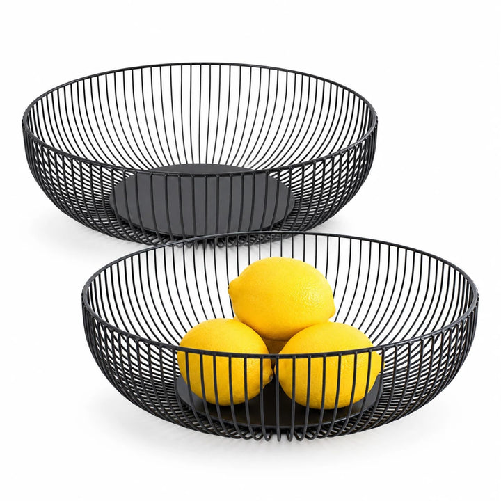 2er Set Obstkorb 28 cm - Obstkorb aus Metall in Schwarz Drahtdesign - Runder Korb für Küche, Brot un
