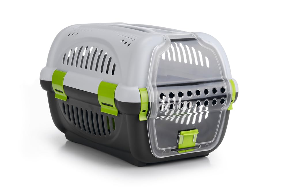 Beeztees Rhino, Transportbox, für kleine Hunde und Katzen, grau/grün, 51x34,5x33 cm