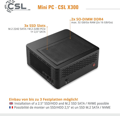 Mini PC CSL X300, AMD Ryzen 5 5600G 6x3900 MHz, 2000 GB M.2 SSD, 32 GB DDR4-RAM, Radeon Vega 8 Grafi