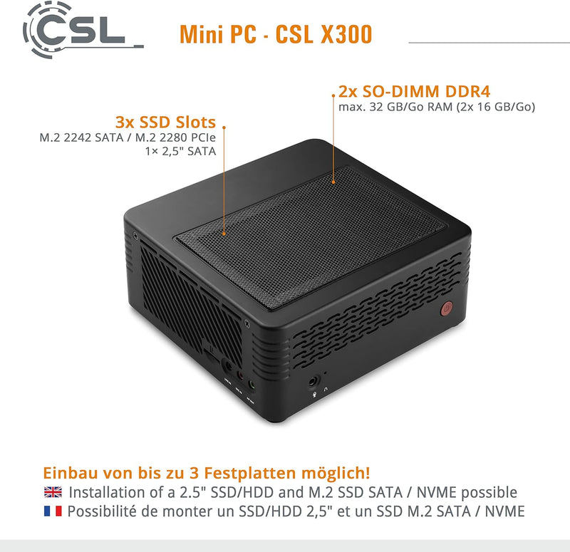 Mini PC CSL X300 Windows 11 Home, AMD Ryzen 5 5600G 6x3900 MHz, 4000 GB M.2 SSD, 64 GB DDR4-RAM, Rad