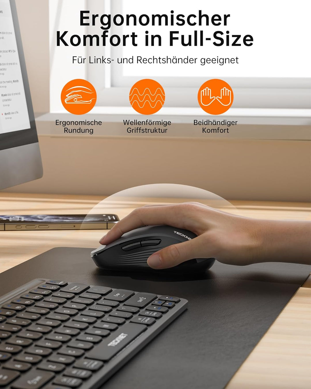 TECKNET Bluetooth Maus, Maus Kabellos (BT 5.0/3.0 + 2.4G), 4-Wege-Scrollrad Leise Funkmaus mit USB-A