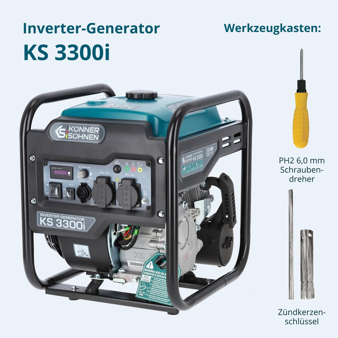 Könner & Söhnen KS 3300i. Benzin-Invertergenerator 3300W, stromerzeuger mit 2xSchuko 230V, notstromg