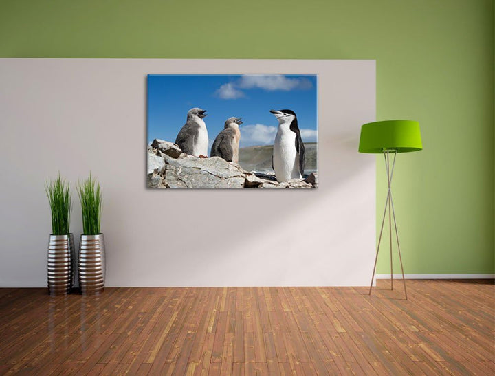Pinguin mit süssen Küken Format: 100x70 auf Leinwand, XXL riesige Bilder fertig gerahmt mit Keilrahm