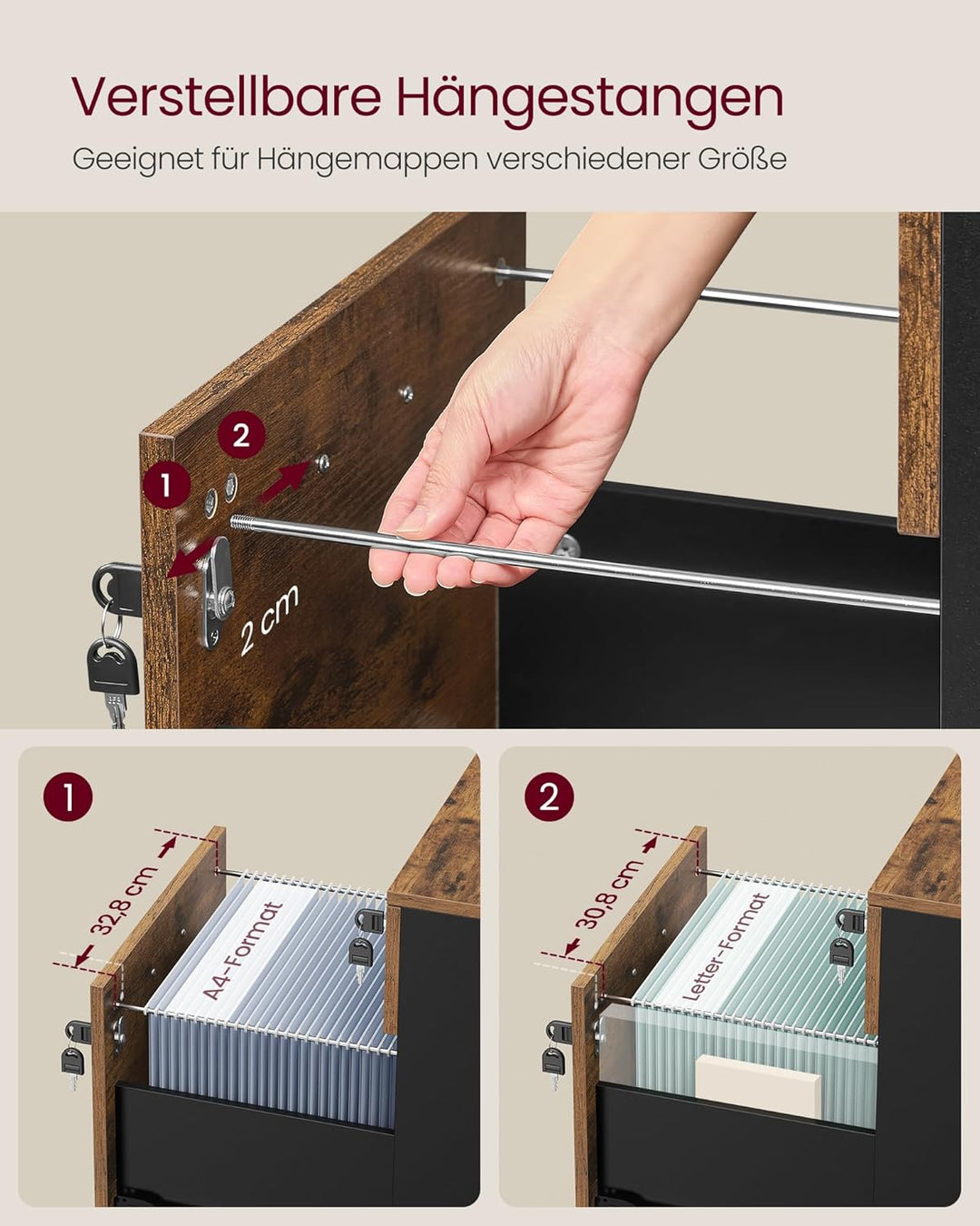 VASAGLE Rollcontainer, abschliessbar, Aktenschrank mit 2 Schubladen, 5 Rollen, verstellbare Hängesta