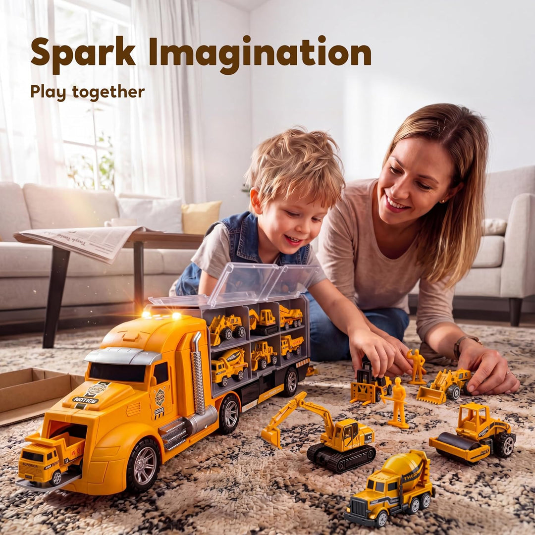 JOYIN 25-in-1-Spielzeugset aus Druckguss-Baufahrzeugen (einschliesslich Transporter, Bagger, Kipper,