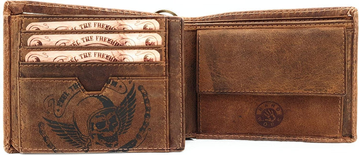 echt Leder Biker Geldbörse quer Hunterleder Portemonnaie Totenkopf Schädel Wing of Hell mit 50cm Ket