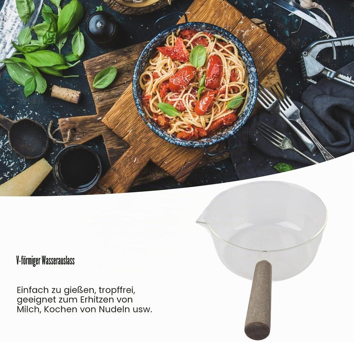 Stielkasserolle, Glas Milchtopf mit Holzgriff Kochtopf Stieltopf Nudeltopf mit V-förmige Tülle Sauce