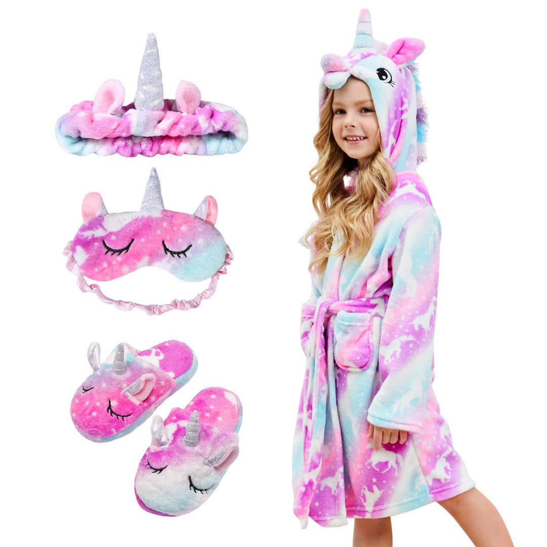 Piefry Weicher Einhorn-Bademantel mit Kapuze für Mädchen mit Einhorn-Pantoffeln, Augenbinde und Stir