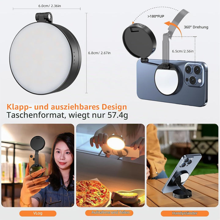 Magnetische Selfie-Licht, Handy-Licht kompatibel, 5 Level 2500K-6500K, CRI 95+, 360° LED Selfie Ring