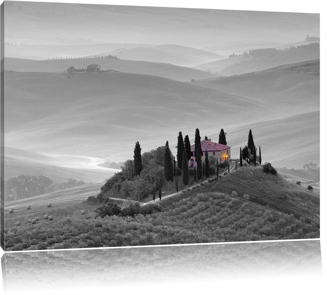 Pixxprint schöne Toskana Landschaft schwarz/weiss Format: 100x70 auf Leinwand, 100x70