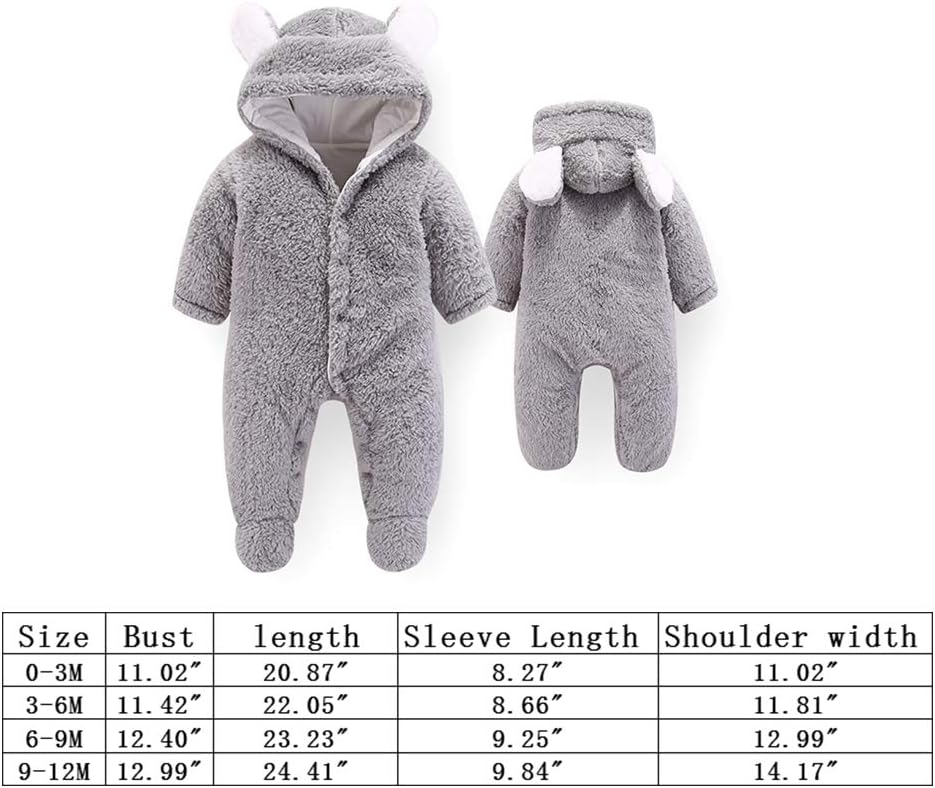 Neugeborene Baby Cartoon Bär Schneeanzug Wintermantel Fleece Kapuze Strampler Jumpsuit Grau 3-6 Mona