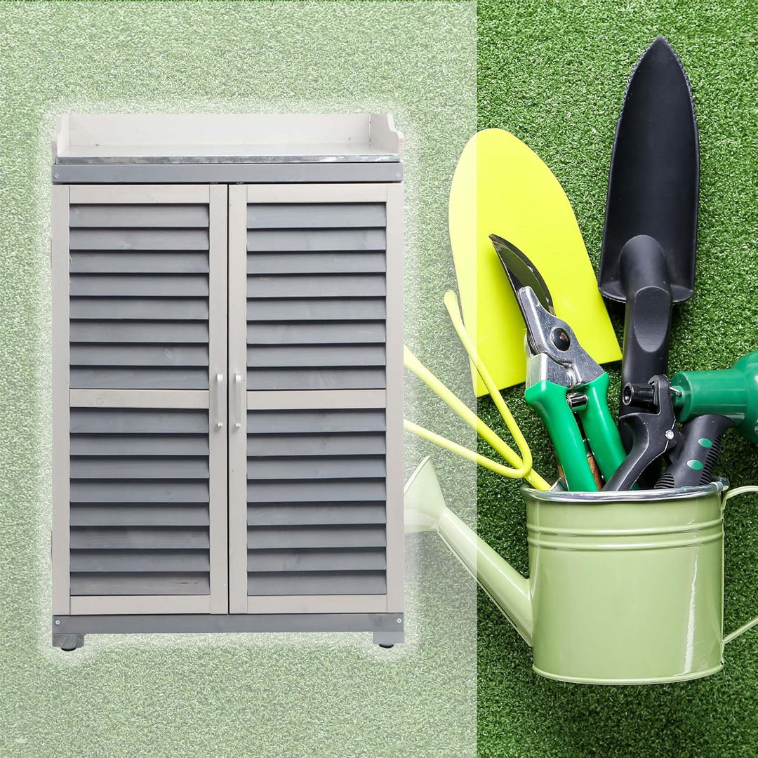 Gartentisch mit Unterschrank und Arbeitsplatte, Pflanztisch mit Schutzleisten, grau