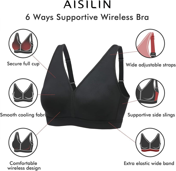 AISILIN Damen BH ohne Bügel Grosse Grössen Comfy Schlaf BHS Vollschalen Soft Bequemer 75B Schwarz, 7
