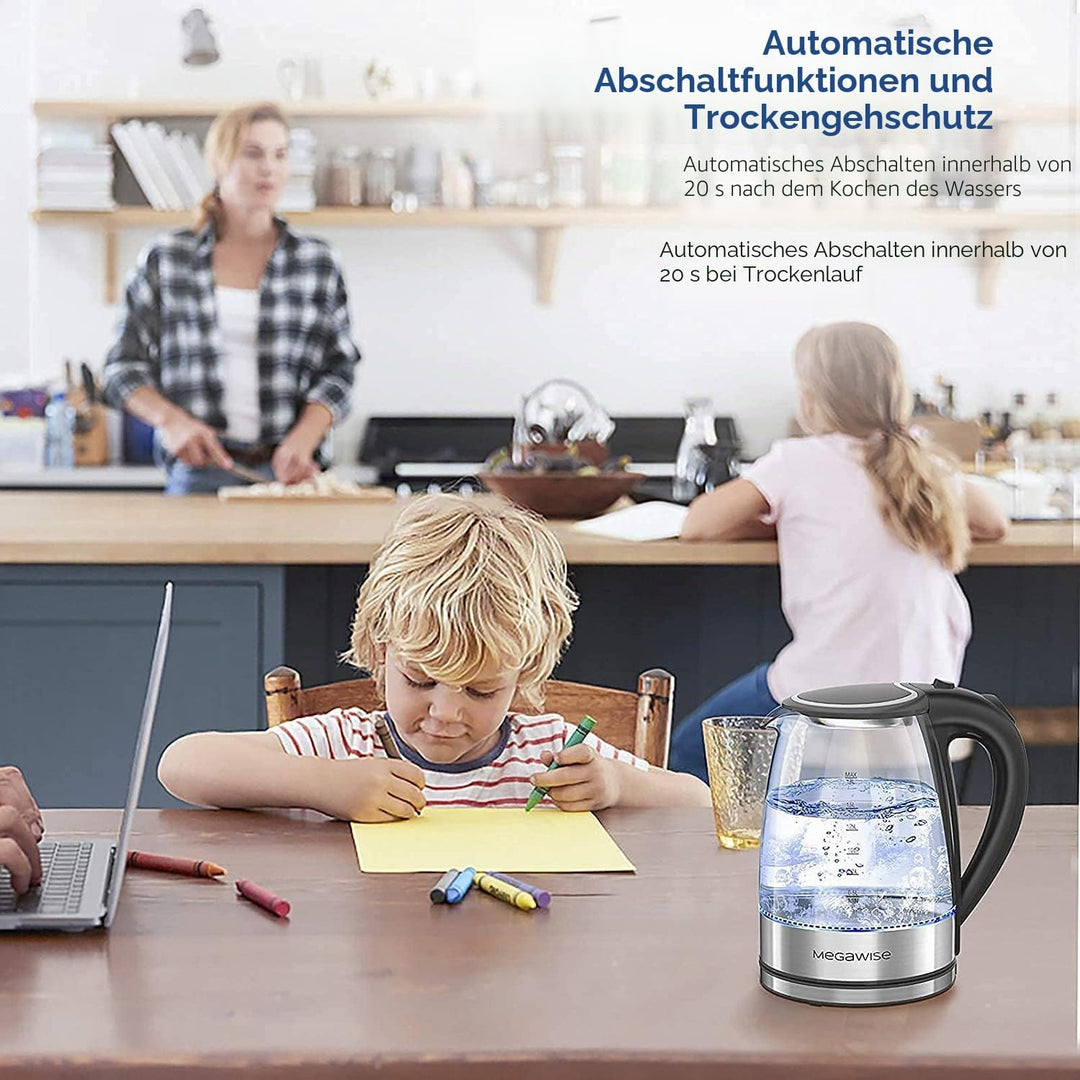 MEGAWISE 1.8L gesunder elektrischer Wasserkocher, 1000W Borosilikatglas Teekessel mit Lebensmittelqu