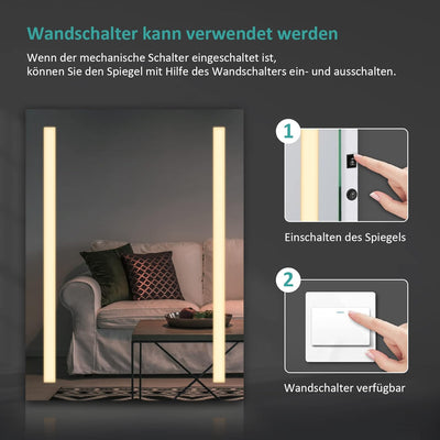 EMKE Spiegel mit Beleuchtung 60x80cm LED Badspiegel mit Beschlagfrei, 2 Lichtfarben und Taste, Badez