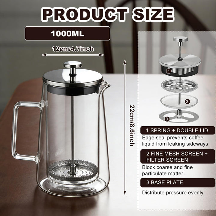 Kaffeepresse French Press 1 Liter, Töpfe Edelstahl & Glas mit Doppelwand Isolierung, Hitzebeständig