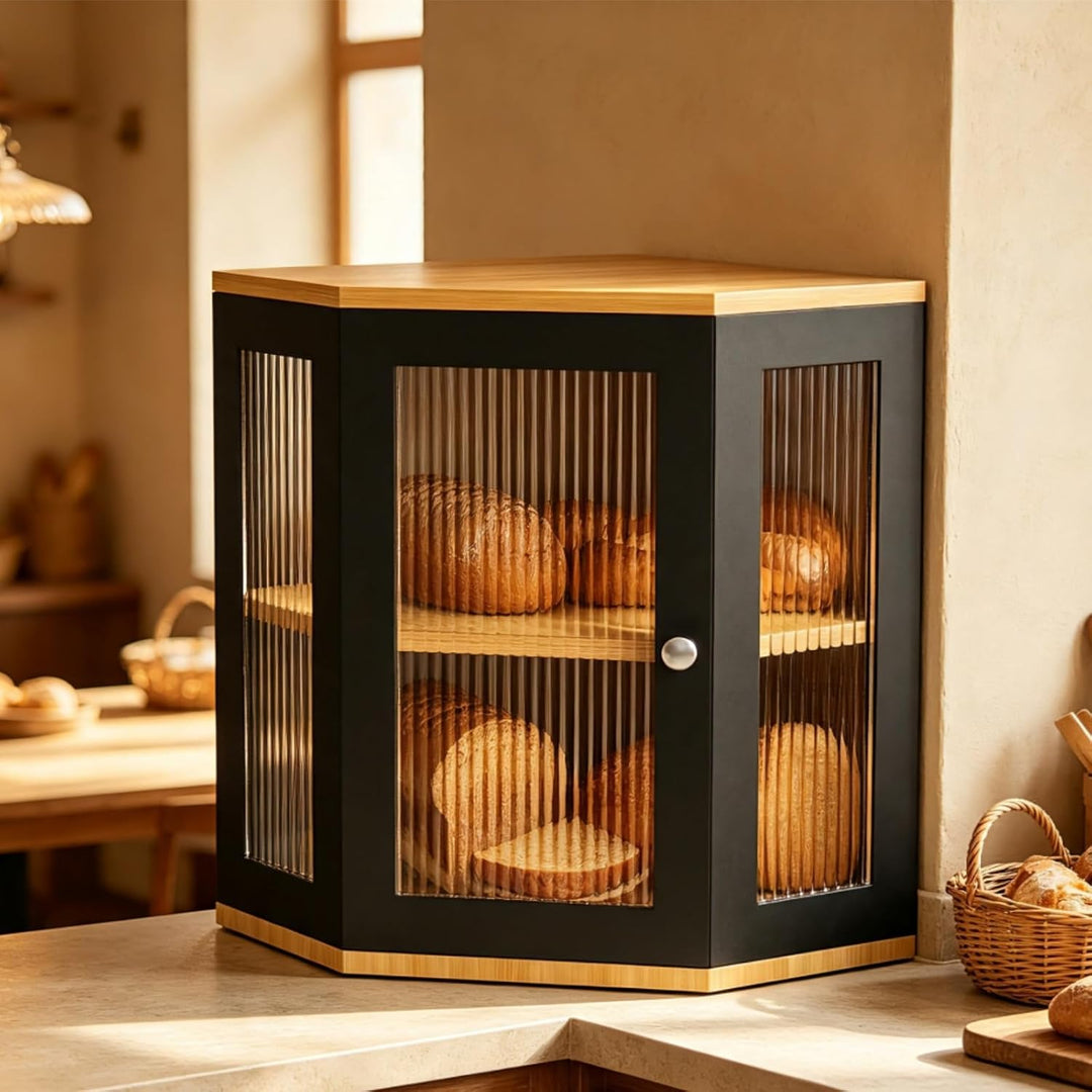 Brotkasten Holz 2 Etagen Brotaufbewahrung mit Sichtfenster, Eckregal Küche für Brot &amp; Küchenutensili
