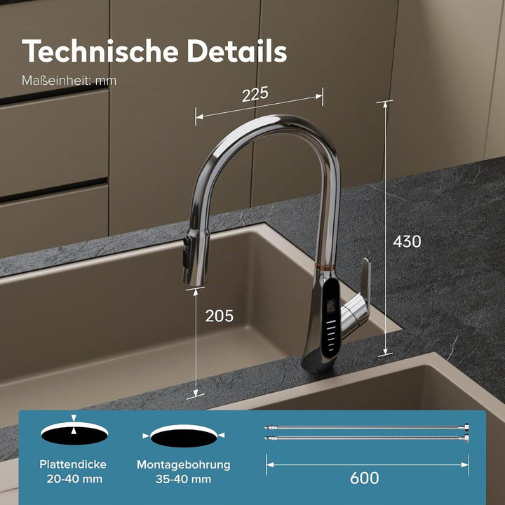 doporro Wasserhahn Küche Silber mit LED Temperaturanzeige, Küchenarmatur Ausziehbar, Hochdruck Misch