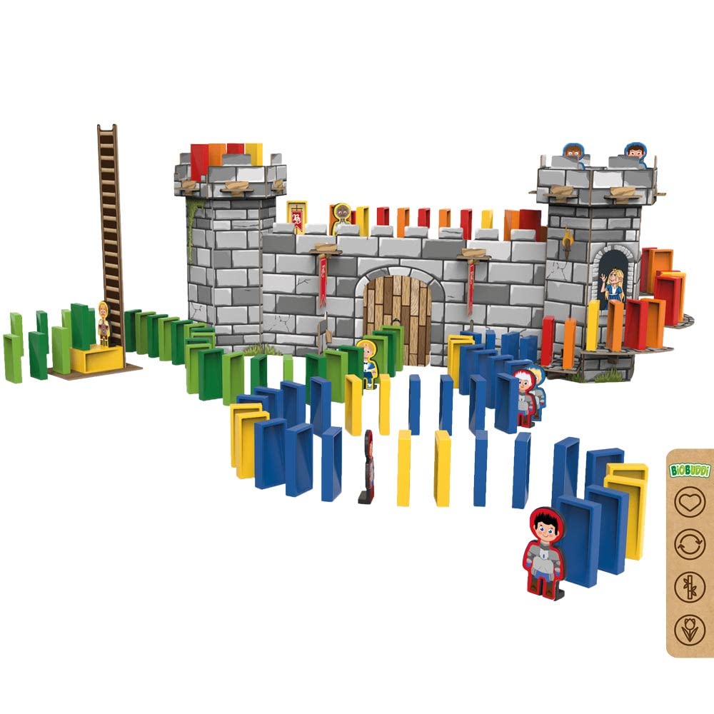 BIOBUDDI Domino in der Burg mit 10 Figuren, 166 Teile, klimaneutral hergestellt in EU (Niederlande),