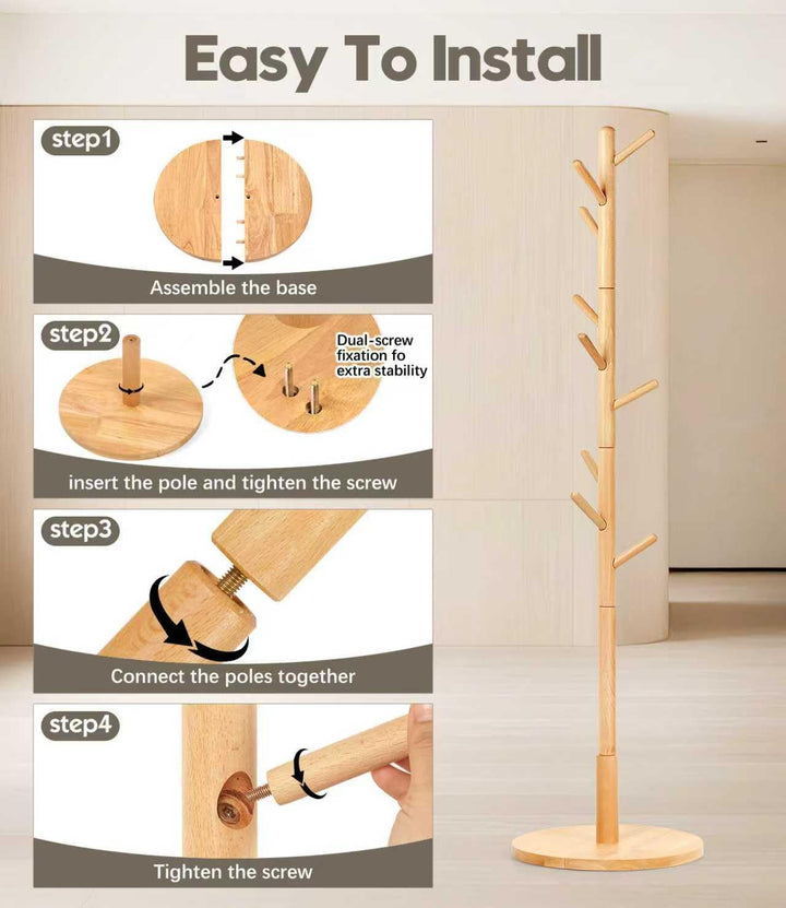 Garderobenständer, Kleiderständer aus Buchenholz Massivholz in Baumform für Kleidung, 9 Haken, 185 x