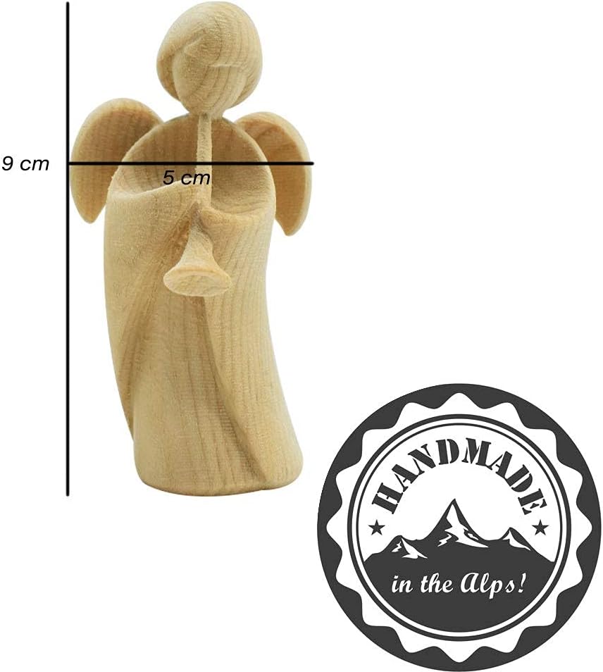 4betterdays.com NATURlich leben! Klassischer Schutzengel aus Zirbenholz - mit Trompete - Höhe 9cm -