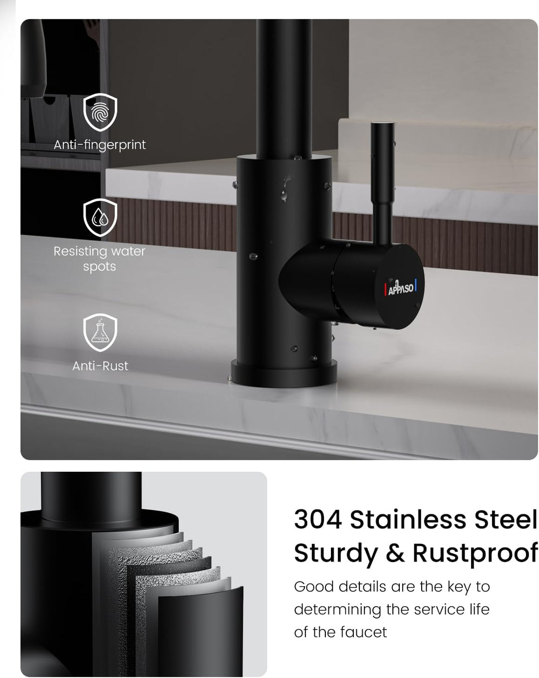 APPASO Wasserhahn Küche Schwarz, Hochdruck Mischbatterie mit 3 Strahlarten, 360° Drehbar Spültischar