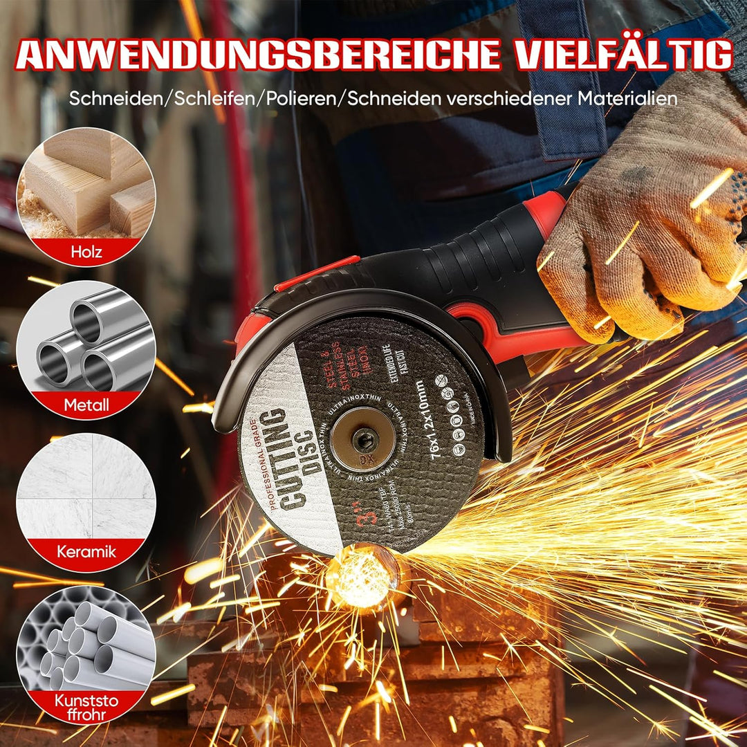 Akku Winkelschleifer 19500RPM | Mini Akku Flex Set mit 2x 2000mAh Akku & 2 Trennscheiben, 2x76mm Min