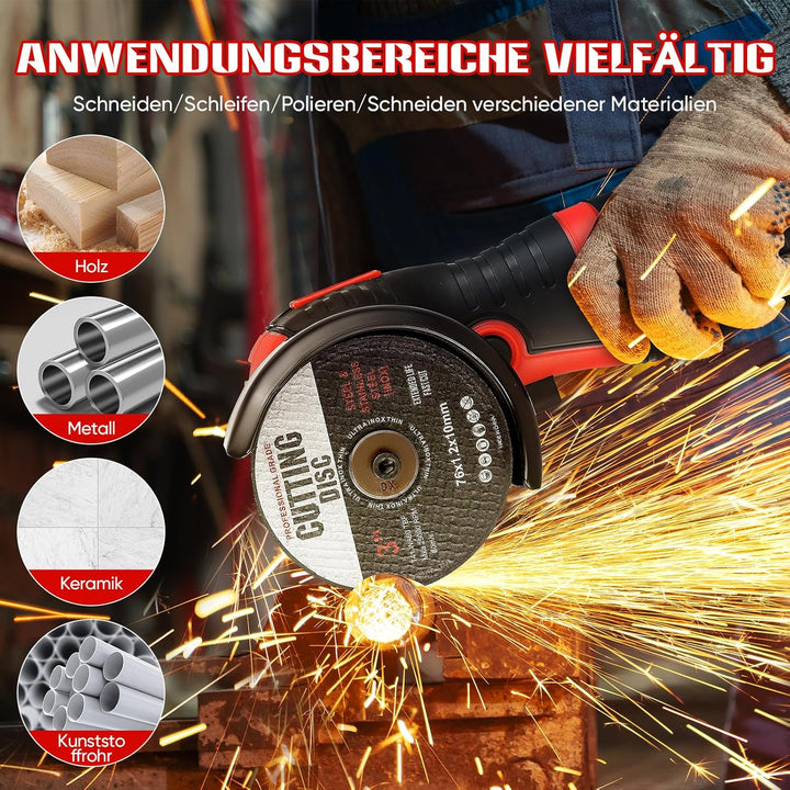 Akku Winkelschleifer 19500RPM | Mini Akku Flex Set mit 2x 2000mAh Akku & 2 Trennscheiben, 2x76mm Min