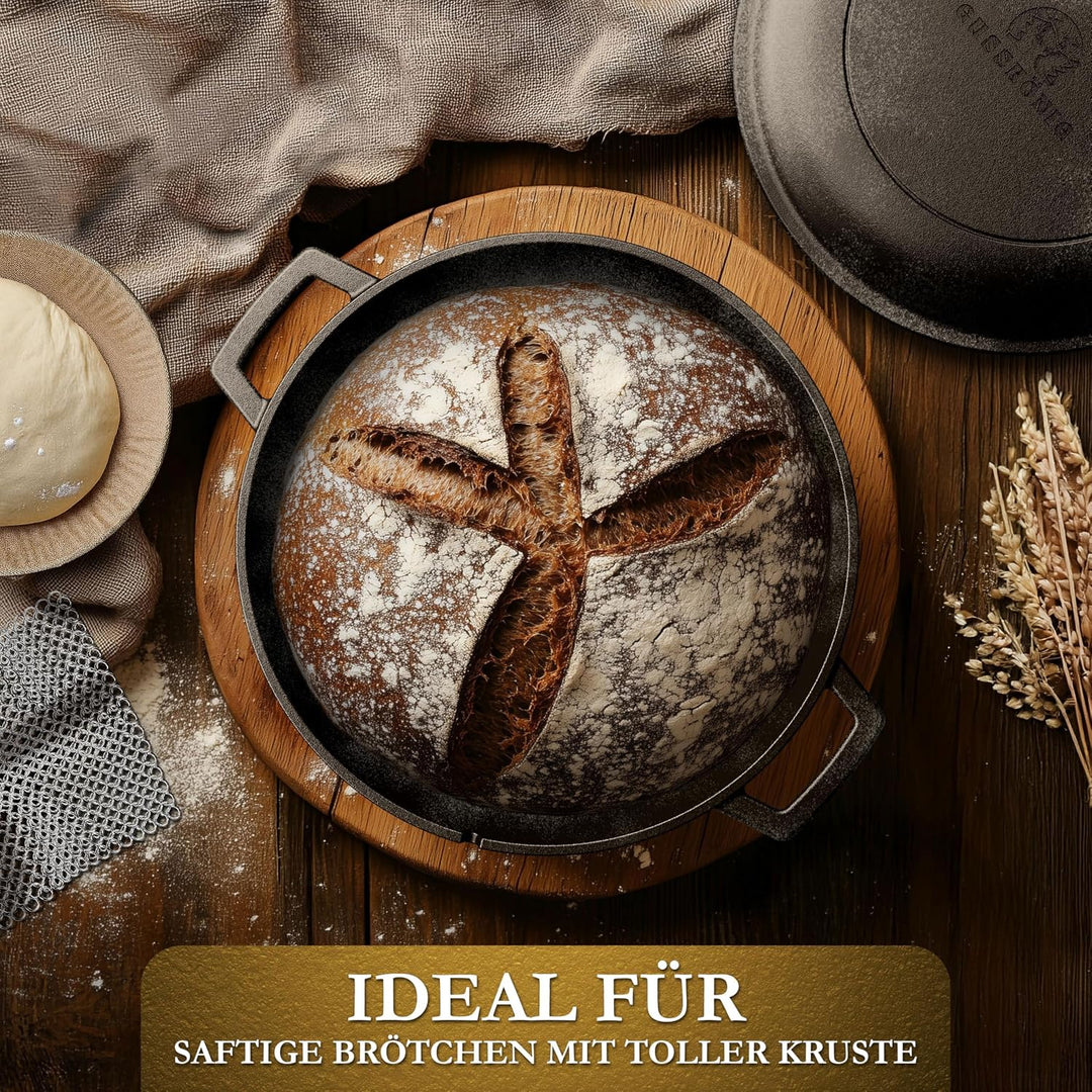 2in1 Gusseisen Brotbackform mit Gärkörbchen–Eingebrannter Gusseisen Topf Brot Backen 4,8L & Grillpfa