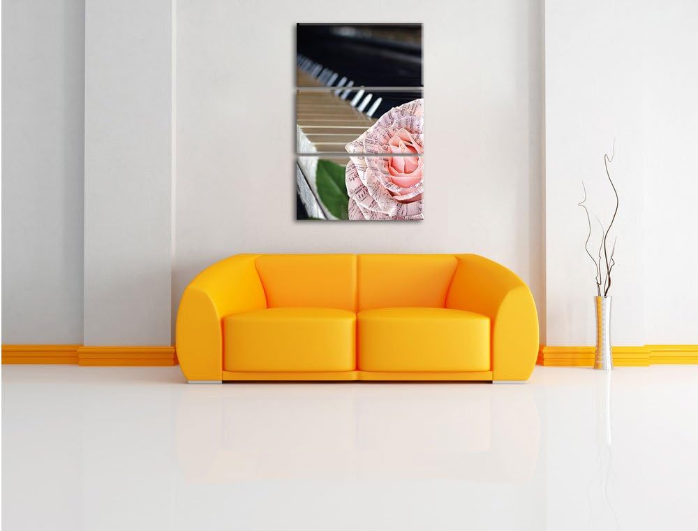 Pixxprint Noten auf zarter Rose neben Klavier 3-Teiler Leinwandbild 120x80 Bild auf Leinwand