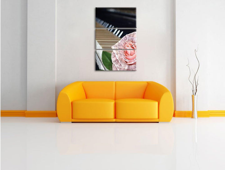 Pixxprint Noten auf zarter Rose neben Klavier 3-Teiler Leinwandbild 120x80 Bild auf Leinwand