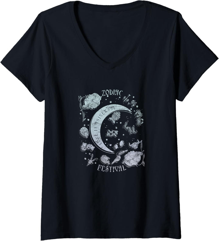 Damen Zodiac Festival Moon & Roses T-Shirt mit V-Ausschnitt