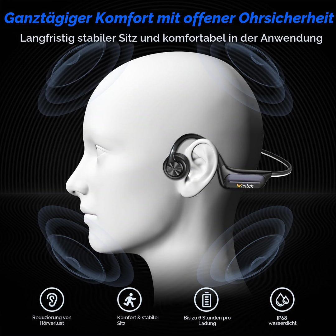 Wantek Open Ear Knochenschall Kopfhörer Bluetooth 5.3, Kabellos IP68 Wasserdicht mit Lange Akkulaufz