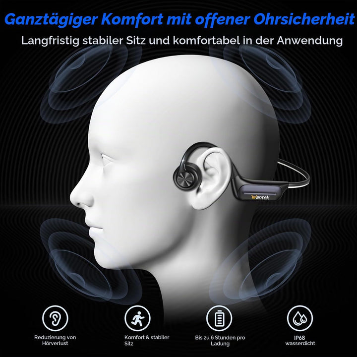 Wantek Open Ear Knochenschall Kopfhörer Bluetooth 5.3, Kabellos IP68 Wasserdicht mit Lange Akkulaufz