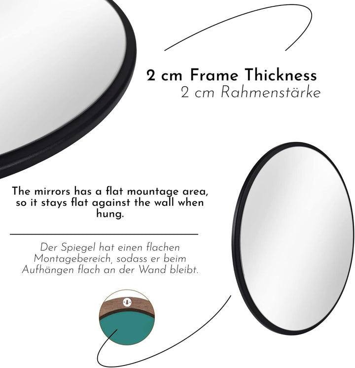 Gozos Moderner Industrial Spiegel Obejo, Schwarz - Runder Wandspiegel mit hölzerner Unterseite und i