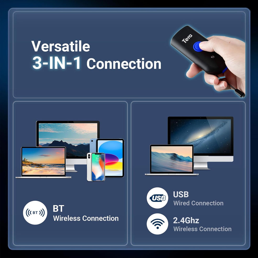 Tera Mini Tragbarer Barcode-Scanner Laser Barcodescanner 3-in-1 Bluetooth & USB-Kabel & 2,4G-Wireles