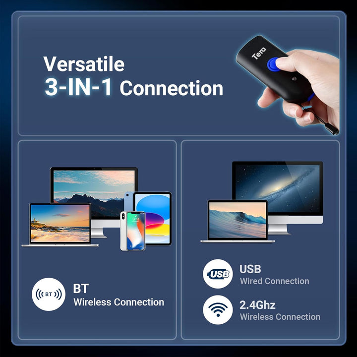 Tera Mini Tragbarer Barcode-Scanner Laser Barcodescanner 3-in-1 Bluetooth & USB-Kabel & 2,4G-Wireles