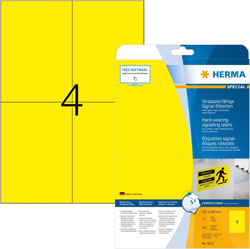 HERMA 8032 Wetterfeste Folienetiketten, 25 Blatt, 105 x 148 mm, 4 Stück pro A4 Bogen, 100 Aufkleber,