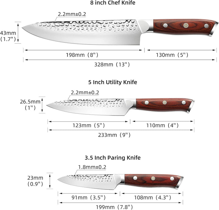 Sunnecko 3pcs Kochmesser Set, Küchenmesser Set Messerset 20cm Kochmesser, 13cm Allzweckmesser und 9c