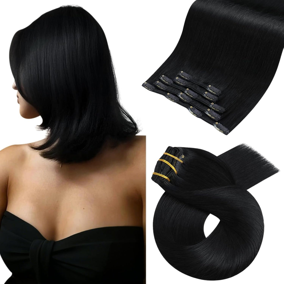 Moresoo Extensions Clip in Echthaar Schwarz Doppelt Tressen Extensions Echthaar Clip in Pechschwarz