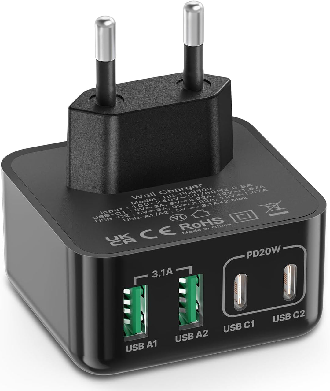 USB Ladegerät, 40W 4-Port USB C Ladegerät iPhone 15 Schnellladeblock USB C Adapter Dual Port PD+QC W