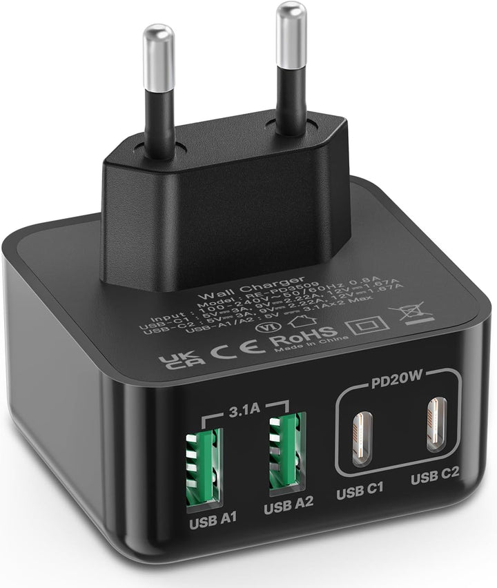 USB Ladegerät, 40W 4-Port USB C Ladegerät iPhone 15 Schnellladeblock USB C Adapter Dual Port PD+QC W