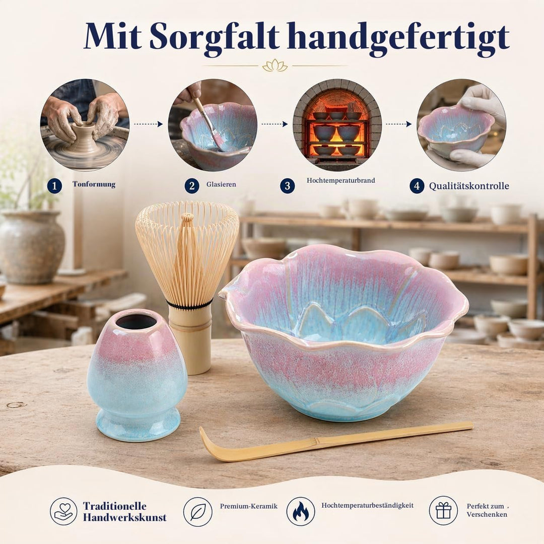Matcha Set 5-teilig, Matcha Schale mit Ausgiesser in Blumenform Blau Rosa, Chasen, Bambusbesen, Chas