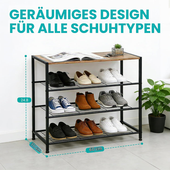 Schuhregal, Schuhregal 4 Ebenen mit Sitzgelegenheit, Metall-Schuhablage für Kleiderschrank, Flur, Ei