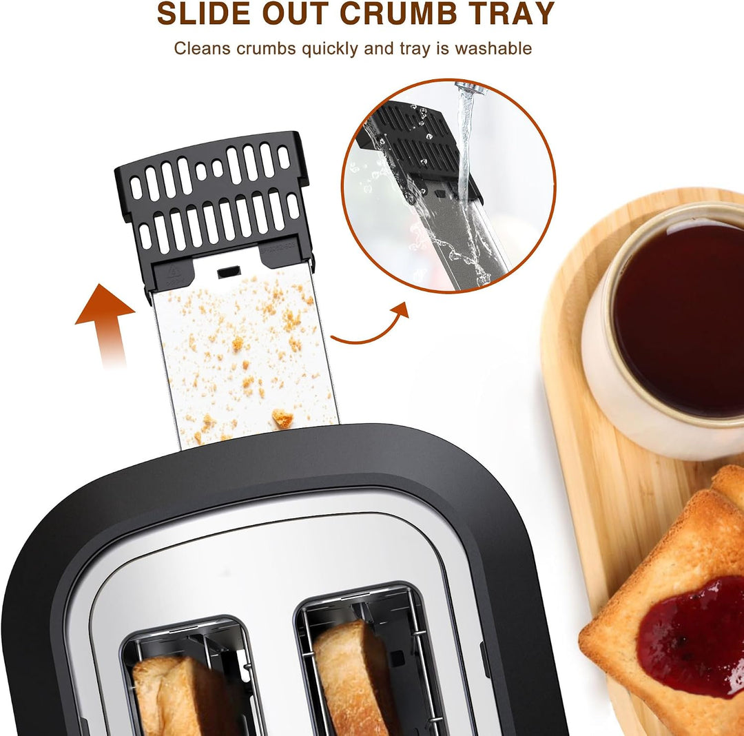 KitchenBoss Edelstahl Toaster 2 Scheiben：Toaster mit 6 Bräunungsstufen | Brötchenaufsatz, Abschaltau