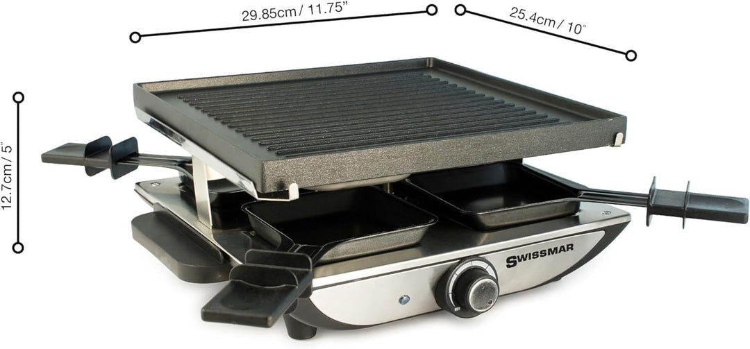 Swissmar Geneva Raclette 4 Personen, Raclette Grill mit Pfännchen und Schiebern, Mini Raclette-Grill